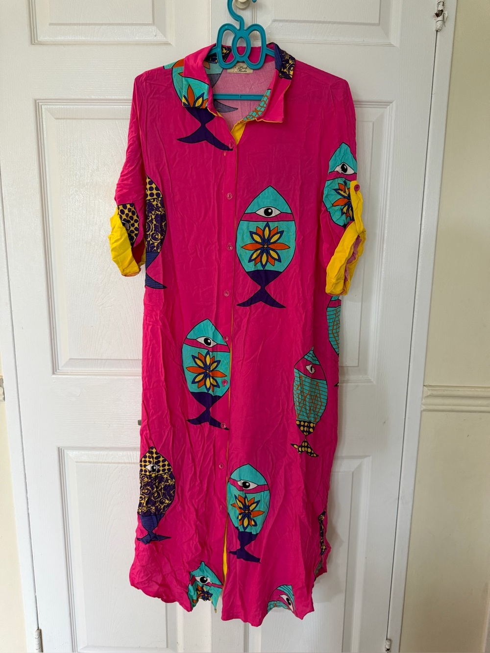 Moda Bright Pink Fish-Print Button-Down Maxi Dress with Turquoise Accents